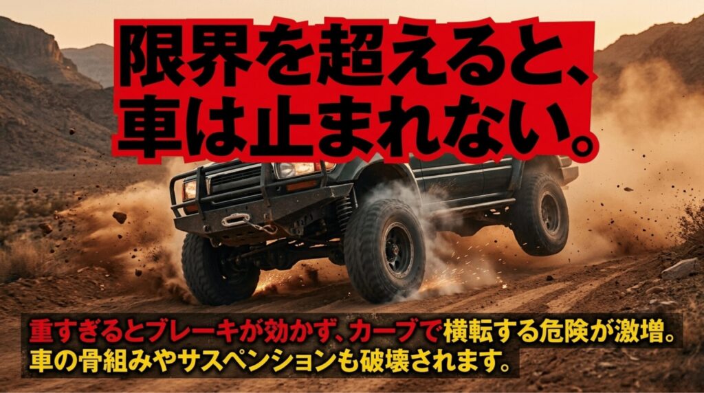 荷物を積みすぎたラングラーが制動距離や横転リスクを高めることを警告するスライド