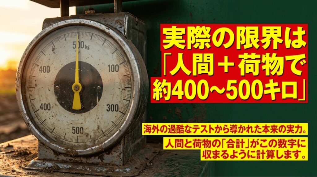 ラングラーの実用的な積載目安が人と荷物の合計で約400〜500kgであることを示すスライド