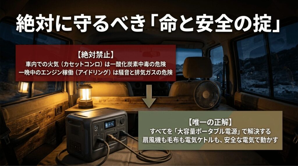 車内火気やアイドリングを避け、ポータブル電源で扇風機や電気毛布を安全に使うことを示す画像