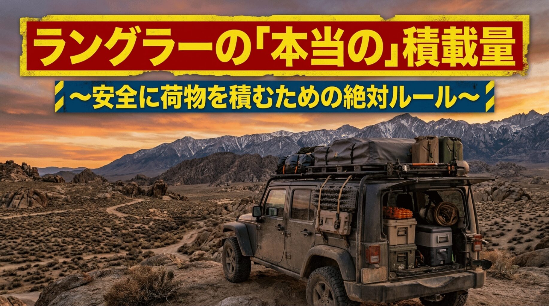 荷物を積んだジープ・ラングラーと「本当の積載量」を示すタイトルスライド