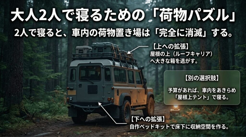 ラングラーで2人以上が寝る場合、車内収納の工夫やルーフテントの活用が選択肢になることを示す画像