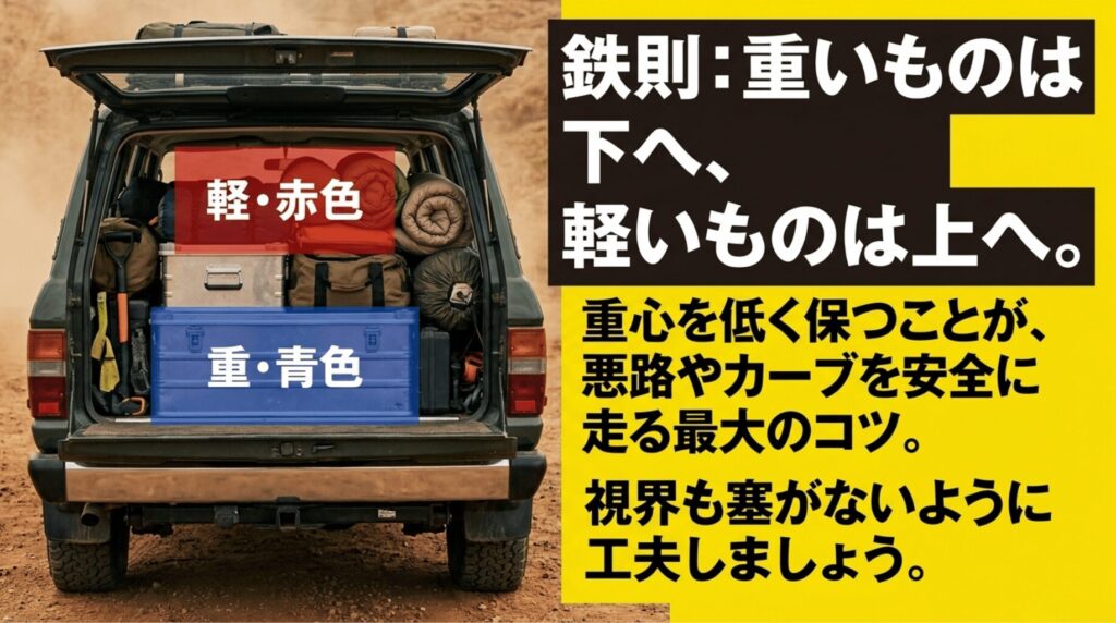 ラングラーの荷室で重い荷物を下に、軽い荷物を上に積む安全なパッキング方法を示すスライド