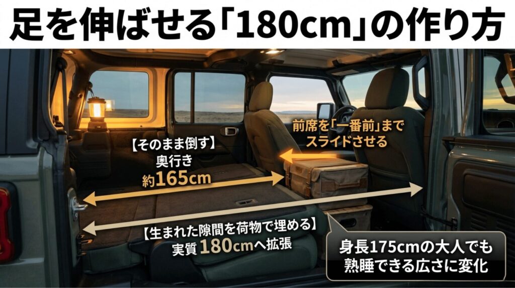 ラングラーの前席を最前方にスライドし、荷物で隙間を埋めて実質180cmの就寝長を確保する方法