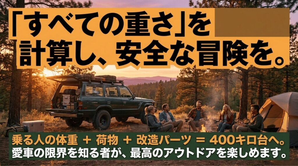 乗員・荷物・改造パーツの重さを合算してラングラーの積載限界を管理する重要性を示すまとめスライド