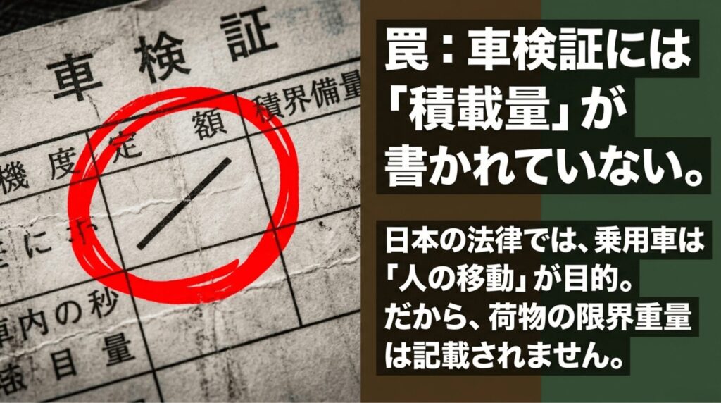 乗用車の車検証では最大積載量欄が空欄になることを説明するスライド